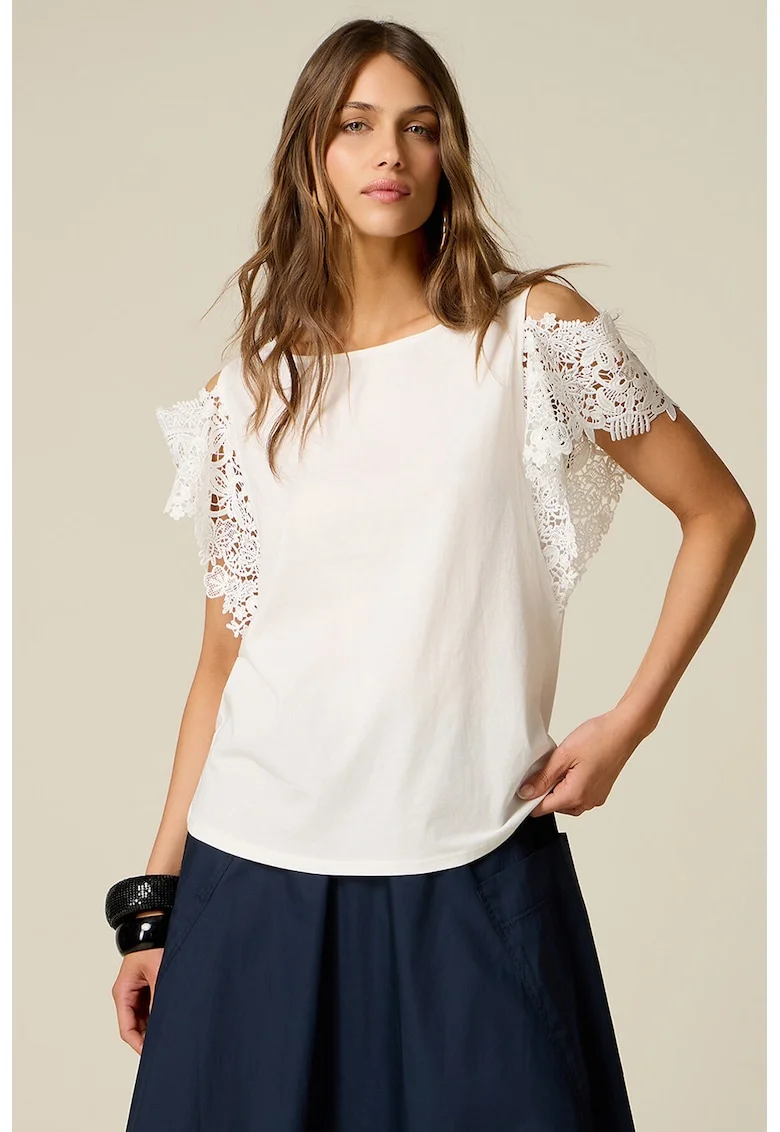 Tricou cu maneci crosetate din dantela, Alb optic