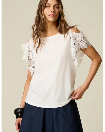 Tricou cu maneci crosetate din dantela, Alb optic