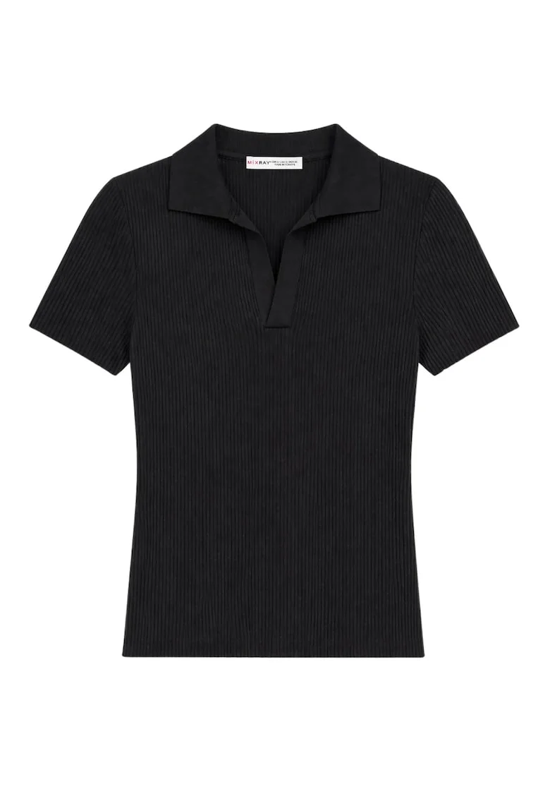 Bluza dama,  guler polo, negru, tricotaj poliamida,