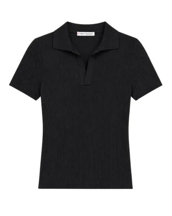 Bluza dama,  guler polo, negru, tricotaj poliamida,