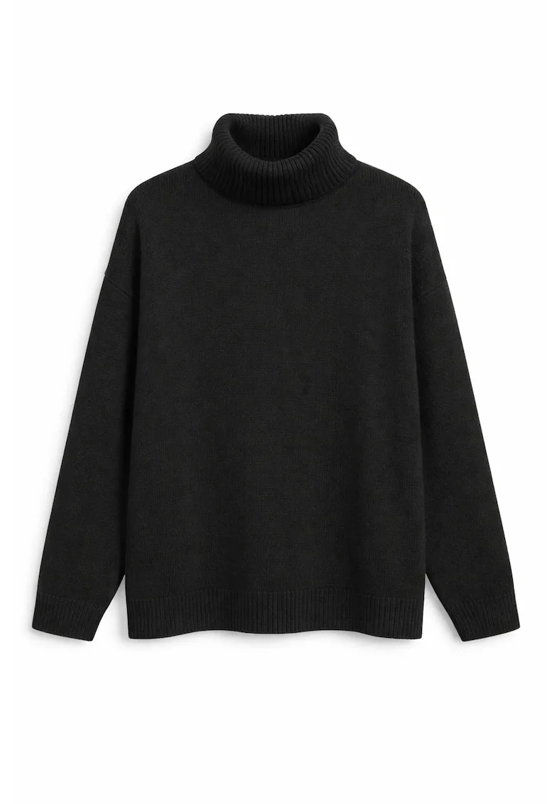 Pulover dama,  tricotat, guler inalt, lejer, negru, acrilic,