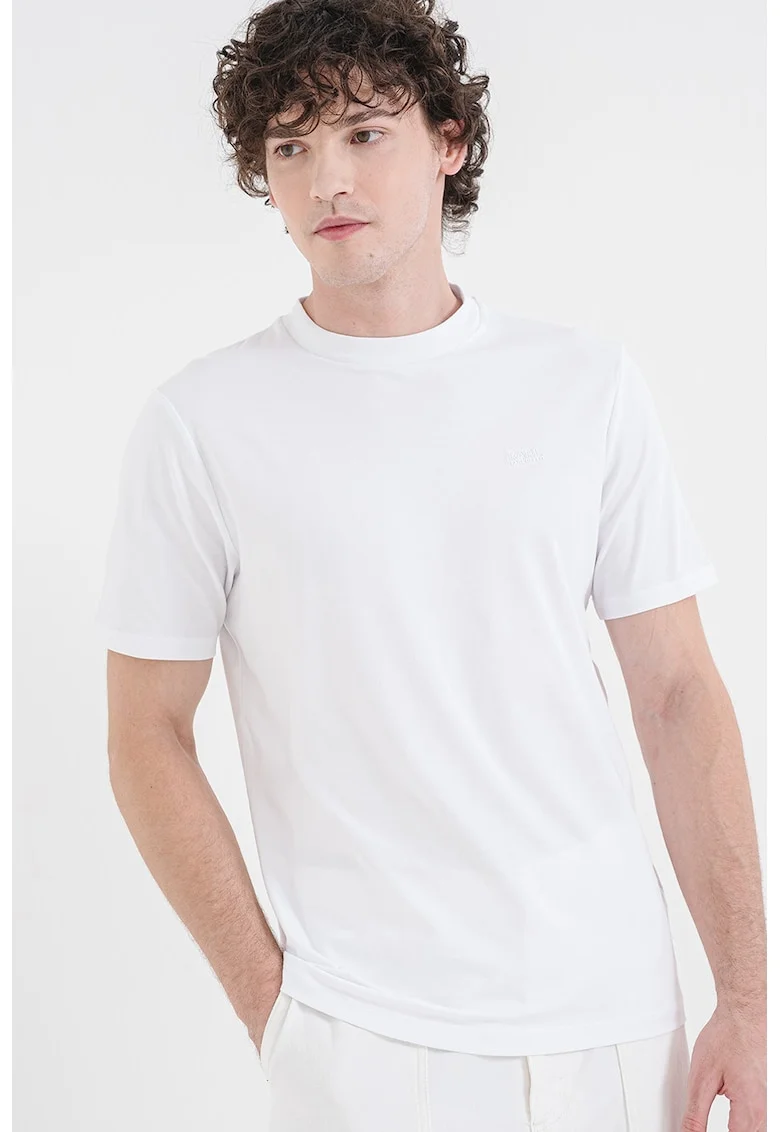 Tricou slim fit cu decolteu la baza gatului, Alb optic