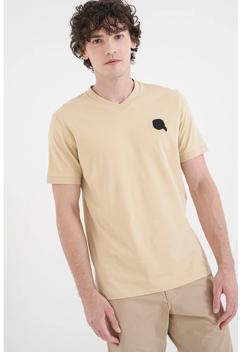 Tricou din amestec de bumbac cu decolteu en-coeur, Bej inchis