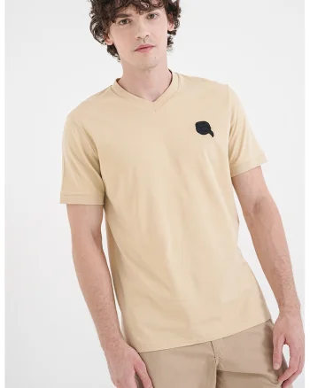 Tricou din amestec de bumbac cu decolteu en-coeur, Bej inchis