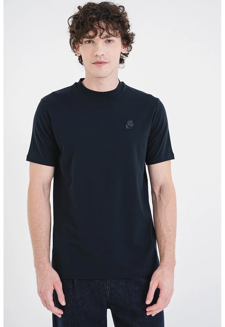 Tricou cu decolteu la baza gatului si logo brodat, Albastru ultramarin
