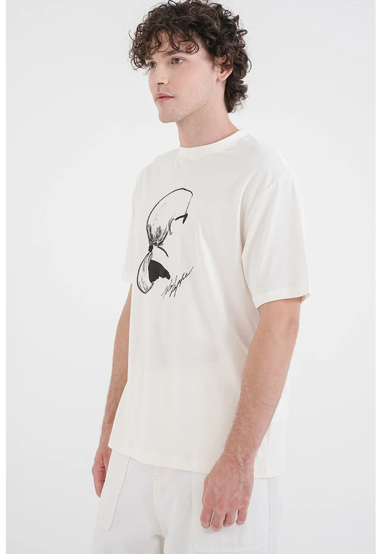 Tricou cu decolteu la baza gatului si imprimeu logo, Alb fildes