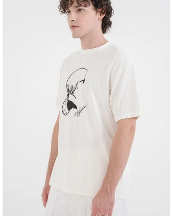 Tricou cu decolteu la baza gatului si imprimeu logo, Alb fildes