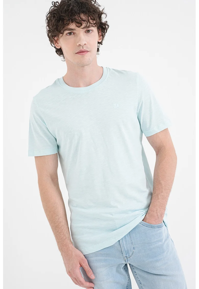 Tricou de bumbac cu decolteu la baza gatului, Turcoaz
