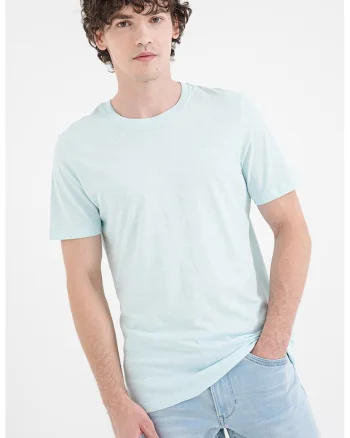 Tricou de bumbac cu decolteu la baza gatului, Turcoaz