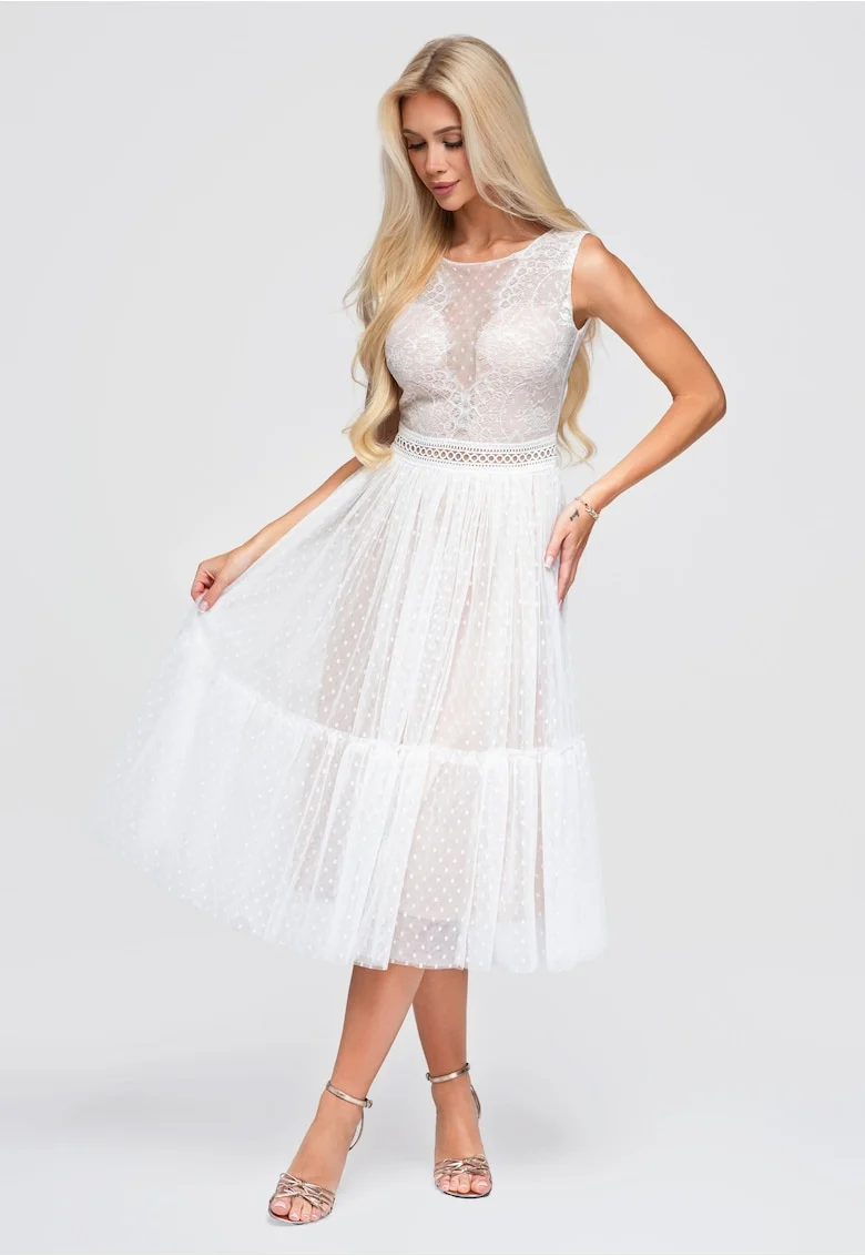 Rochie midi eleganta dama cu decolteu semi-transparent si corset LA-OM-DLR401, Alb,