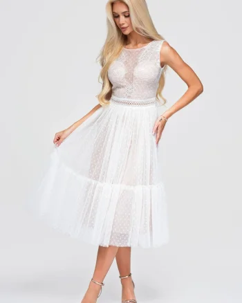 Rochie midi eleganta dama cu decolteu semi-transparent si corset LA-OM-DLR401, Alb,