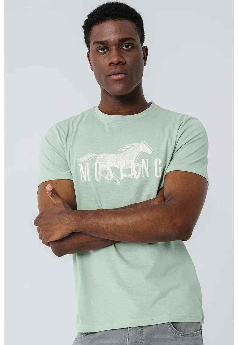 Tricou cu decolteu la baza gatului si imprimeu logo, Alb/Verde menta