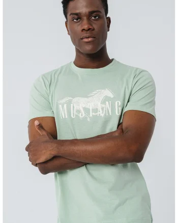 Tricou cu decolteu la baza gatului si imprimeu logo, Alb/Verde menta