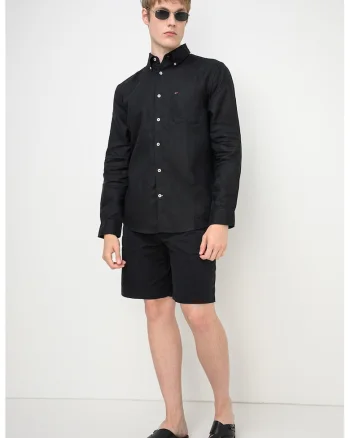 Camasa din in cu guler fixat cu nasturi, Negru