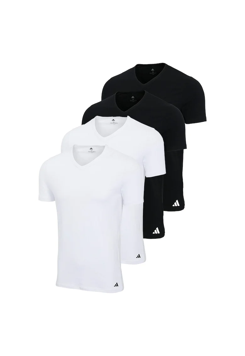 Set de tricouri cu decolteu in V si model uni - 4 piese, Alb/Negru