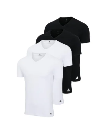 Set de tricouri cu decolteu in V si model uni - 4 piese, Alb/Negru