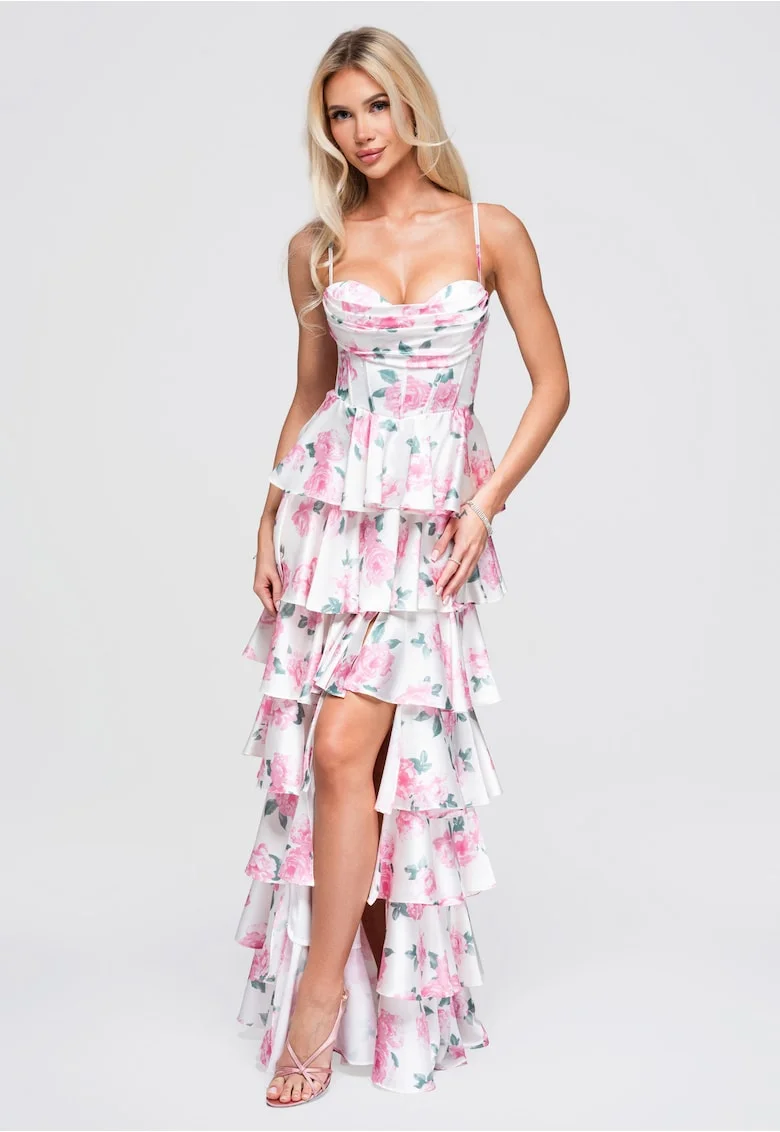 Rochie maxi cu bust ajustat si fusta evazata, bretele reglabile, detalii florale, Roz lucios