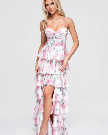 Rochie maxi cu bust ajustat si fusta evazata, bretele reglabile, detalii florale, Roz lucios
