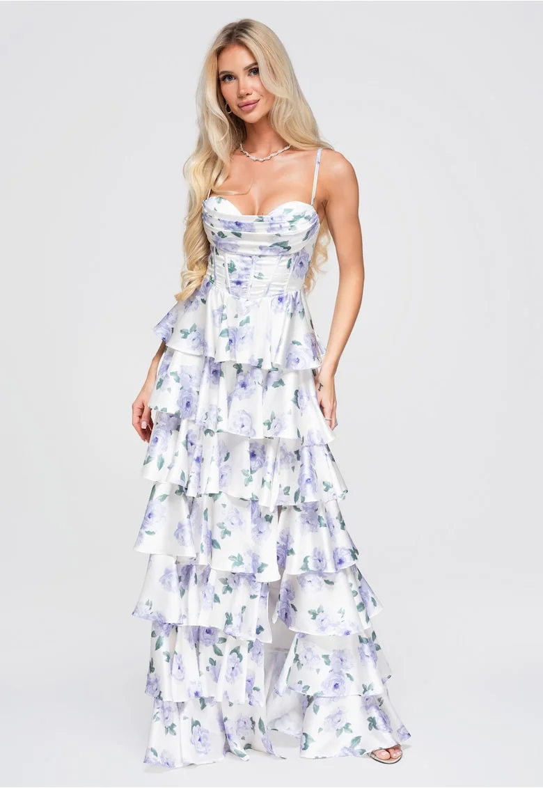 Rochie maxi cu bust ajustat si fusta evazata, bretele reglabile, detalii florale, Violet