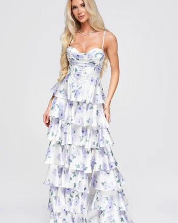 Rochie maxi cu bust ajustat si fusta evazata, bretele reglabile, detalii florale, Violet
