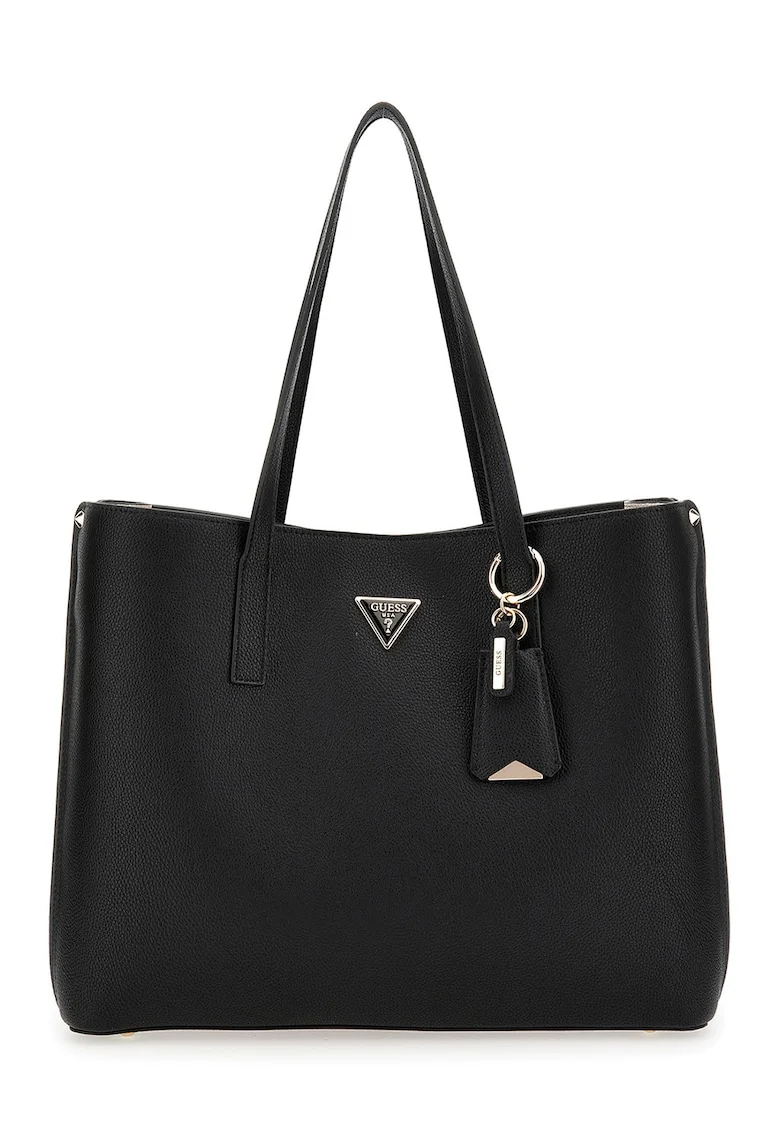 Geanta shopper de piele ecologica cu aplicatie logo, Negru stins