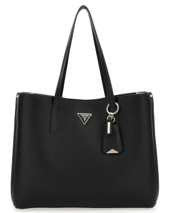 Geanta shopper de piele ecologica cu aplicatie logo, Negru stins