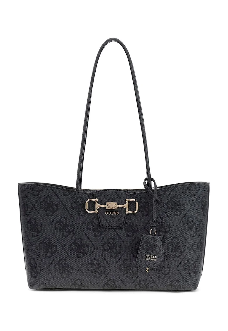 Geanta shopper din piele ecologica cu model monograma Janie, Negru