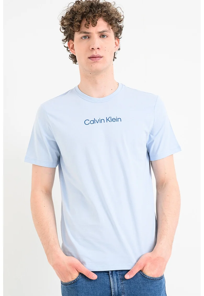 Tricou cu decolteu la baza gatului si imprimeu logo, Albastru pastel
