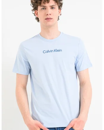 Tricou cu decolteu la baza gatului si imprimeu logo, Albastru pastel