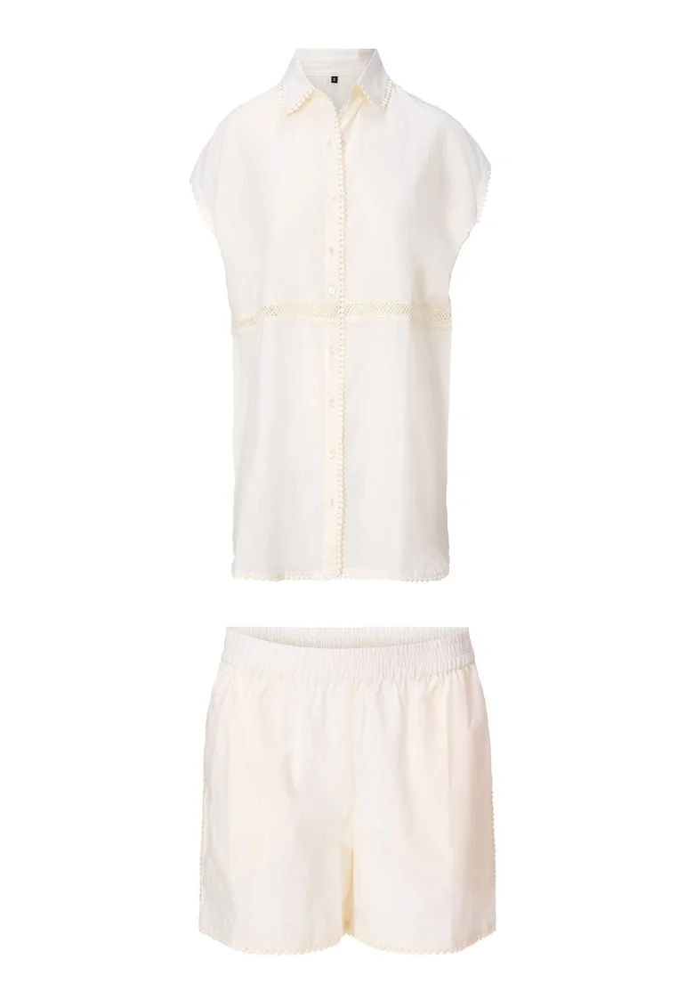 Set de pantaloni scurti si camasa cu maneci scurte - 2 piese, Alb murdar