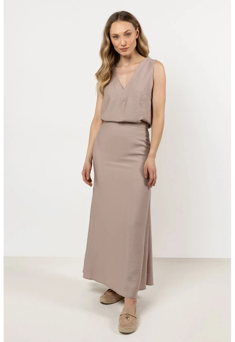 Fusta maxi evazata,  raion-nailon, bej