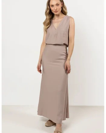 Fusta maxi evazata,  raion-nailon, bej