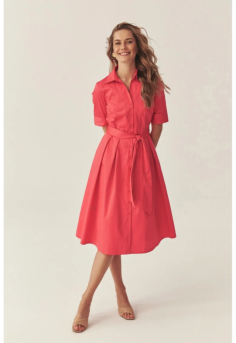 Rochie-camasa evazata din bumbac, Coral
