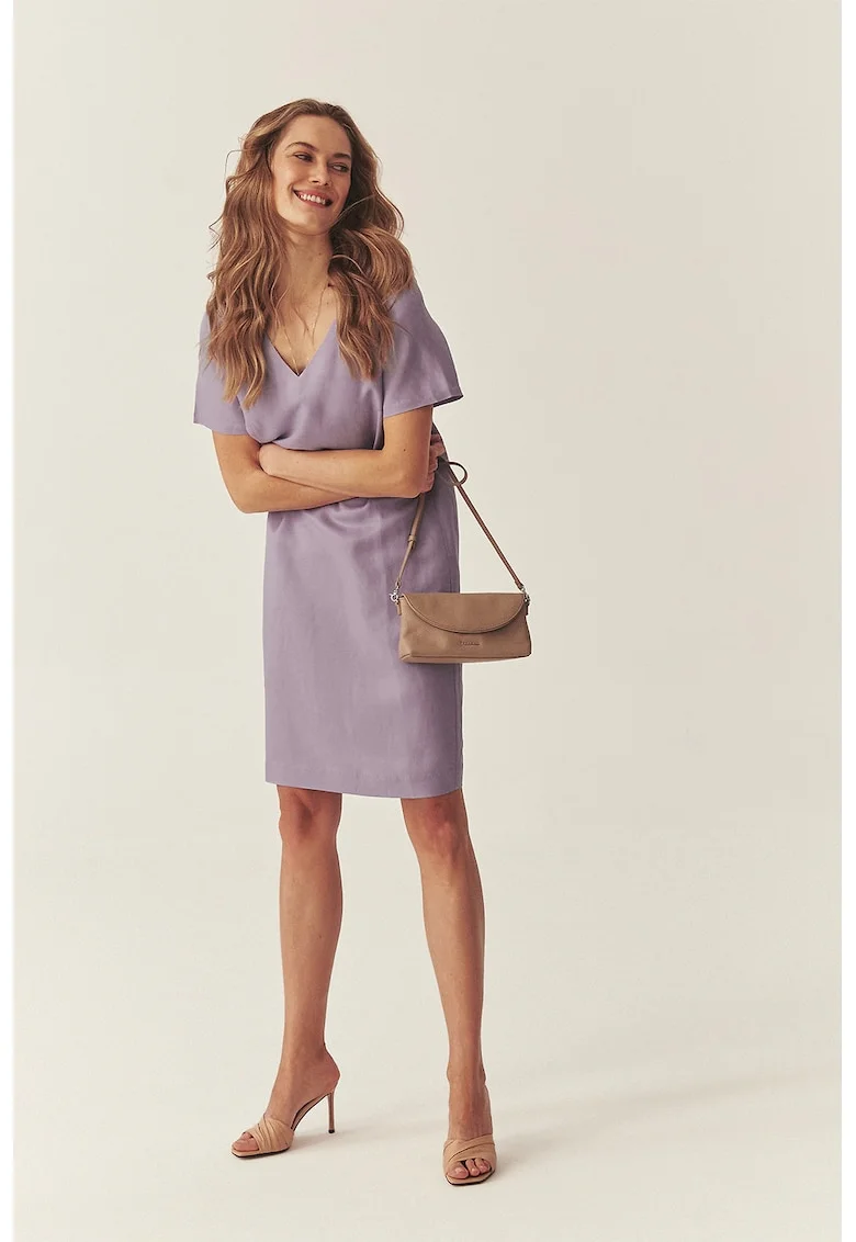 Rochie midi din amestec de in cu croiala dreapta, Lila