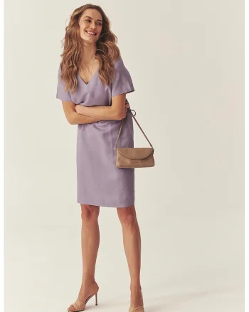 Rochie midi din amestec de in cu croiala dreapta, Lila