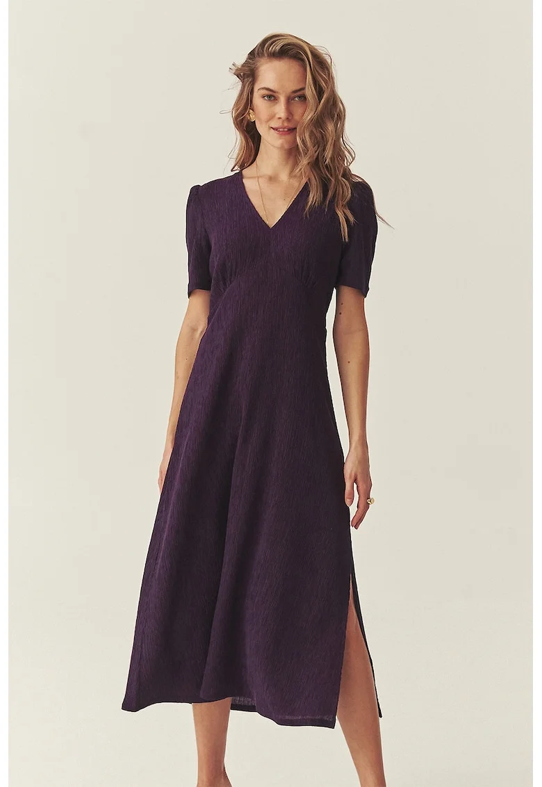 Rochie evazata din amestec de lyocell cu decolteu in V si slit lateral, Deep Purple