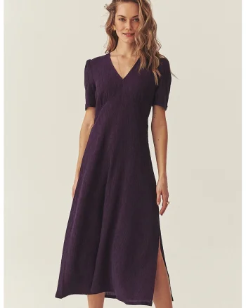 Rochie evazata din amestec de lyocell cu decolteu in V si slit lateral, Deep Purple