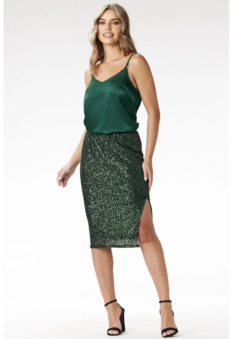 Fusta de seara cu paiete tip creion midi,, Verde inchis