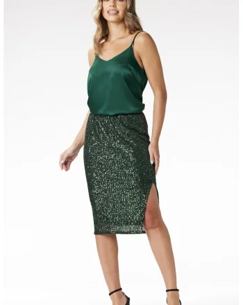 Fusta de seara cu paiete tip creion midi,, Verde inchis