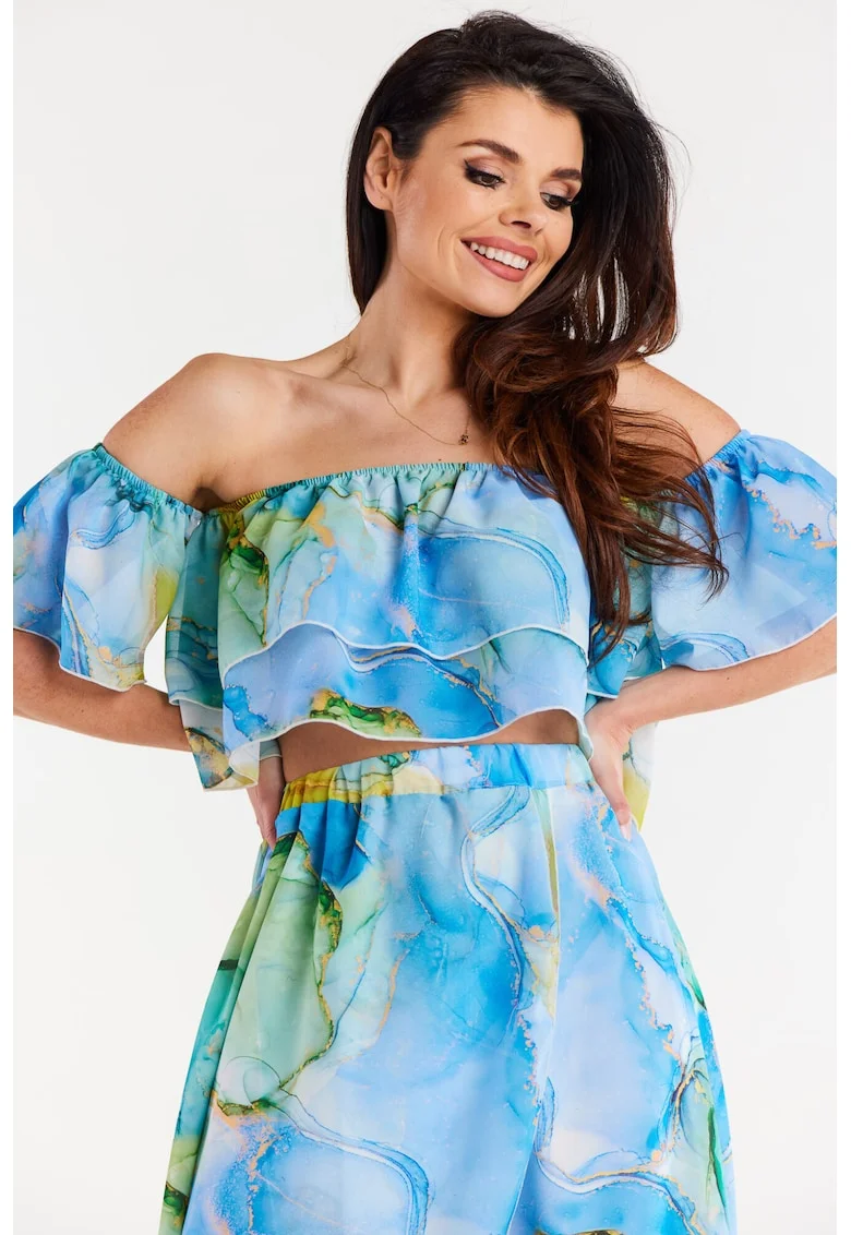 Bluza tip bardot din sifon,, Multicolor/Albastru