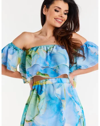 Bluza tip bardot din sifon,, Multicolor/Albastru