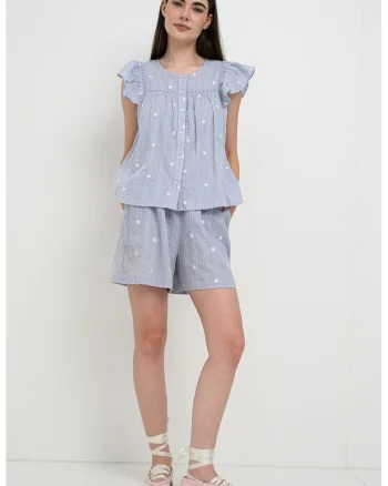 Bluza din bumbac cu broderie Fia, Albastru pastel