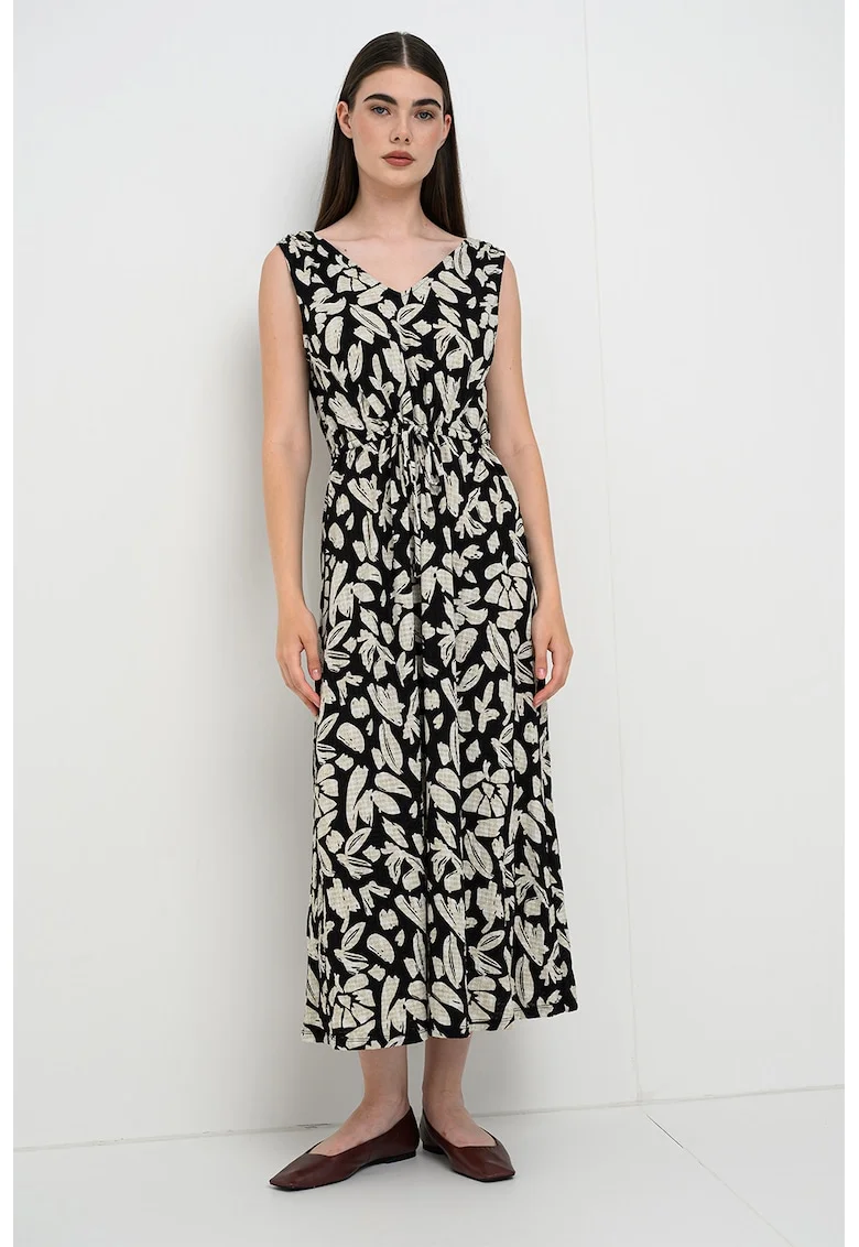 Rochie midi cu imprimeu floral, Alb fildes/Negru