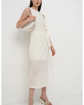 Rochie midi din dantela crosetata, Crem