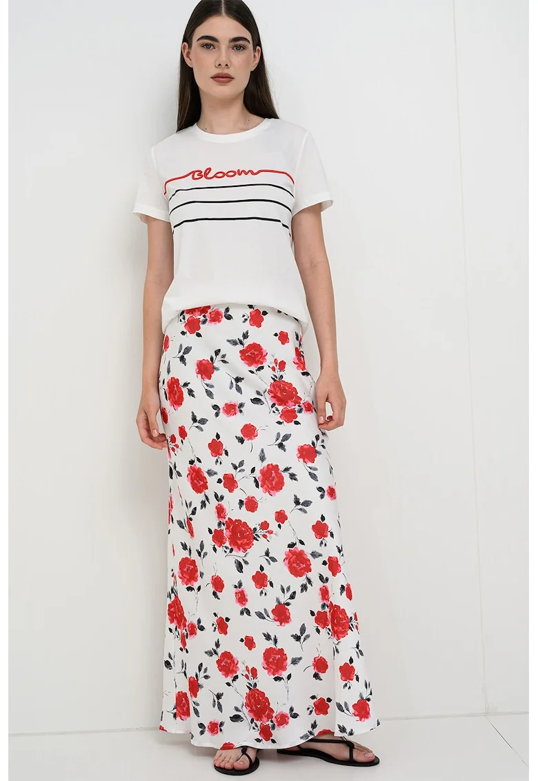 Fusta maxi cu imprimeu floral, Negru stins/Rosu cireasa/Alb optic/Rosu capsuna
