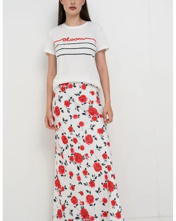 Fusta maxi cu imprimeu floral, Negru stins/Rosu cireasa/Alb optic/Rosu capsuna
