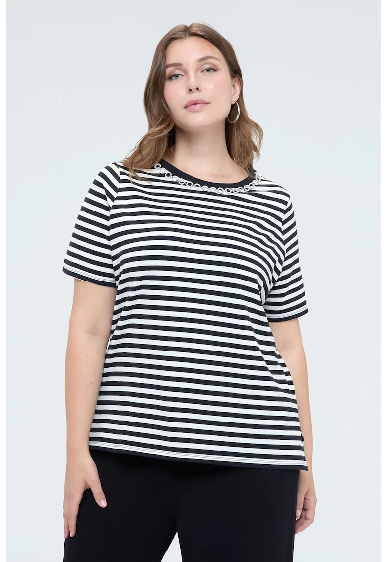 Tricou cu model in dungi si strasuri, Alb/Albastru ultramarin