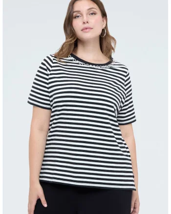 Tricou cu model in dungi si strasuri, Alb/Albastru ultramarin