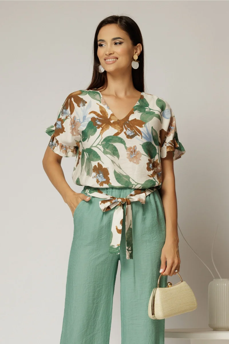 Bluza din viscoza cu imprimeuri verde maro si funda la spate