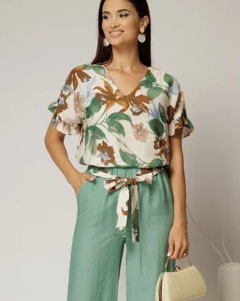 Bluza din viscoza cu imprimeuri verde maro si funda la spate
